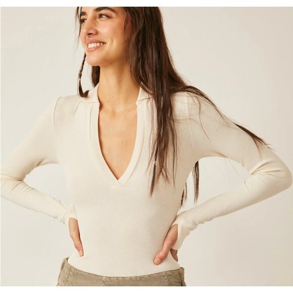 FREE PEOPLE NWT Do It Right Ribbed Long Sleeve Collar Bodysuit in Ivory // Large - Picture 1 of 12